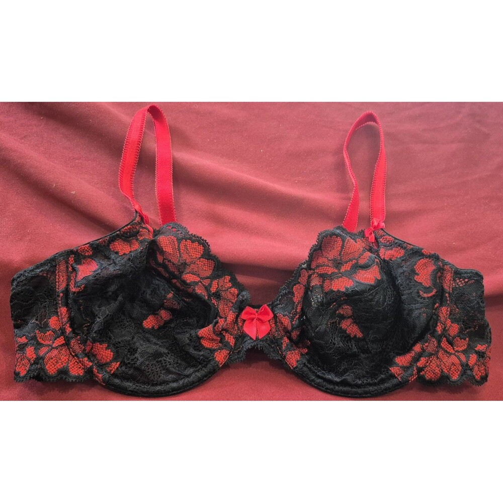 NWOT Adore Me 36B Bra Black Lace Underwire Bra Red Accents Sexy New